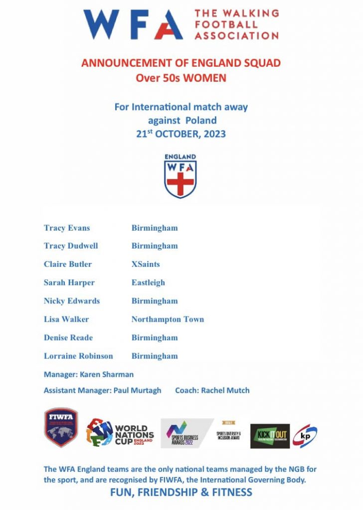 WFA England Women’s 50s Squad vs ROI announced