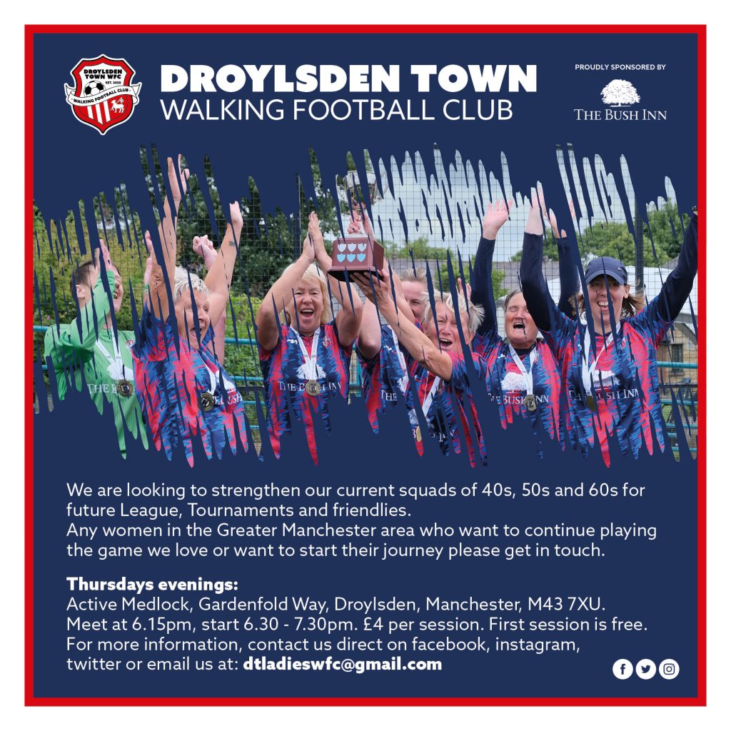 Droylsden Town Walking Football Club are recruiting. Men's over 60s, Men's over 50s and Ladies over 40s.