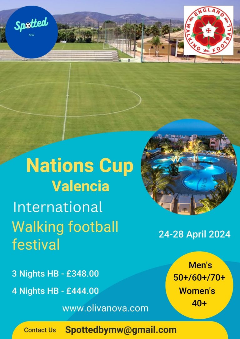Inviting national representative teams to compete at the International walking football festival Nations Cup April 24 Oliva Nova beach and sports resort Valencia Spain 768x1086