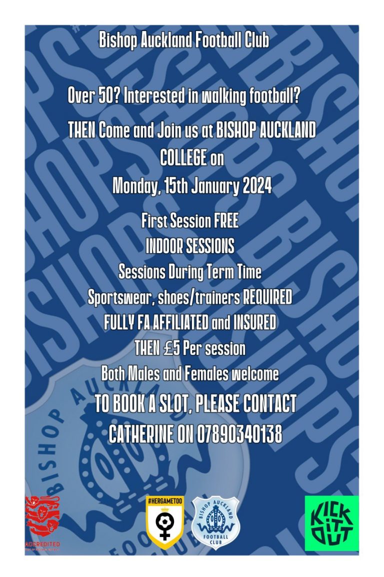 Bishop Auckland FC launch Walking Football NEW for 2024 Mondays form 15th Jan 7 8pm Bishop Auckland College 768x1153