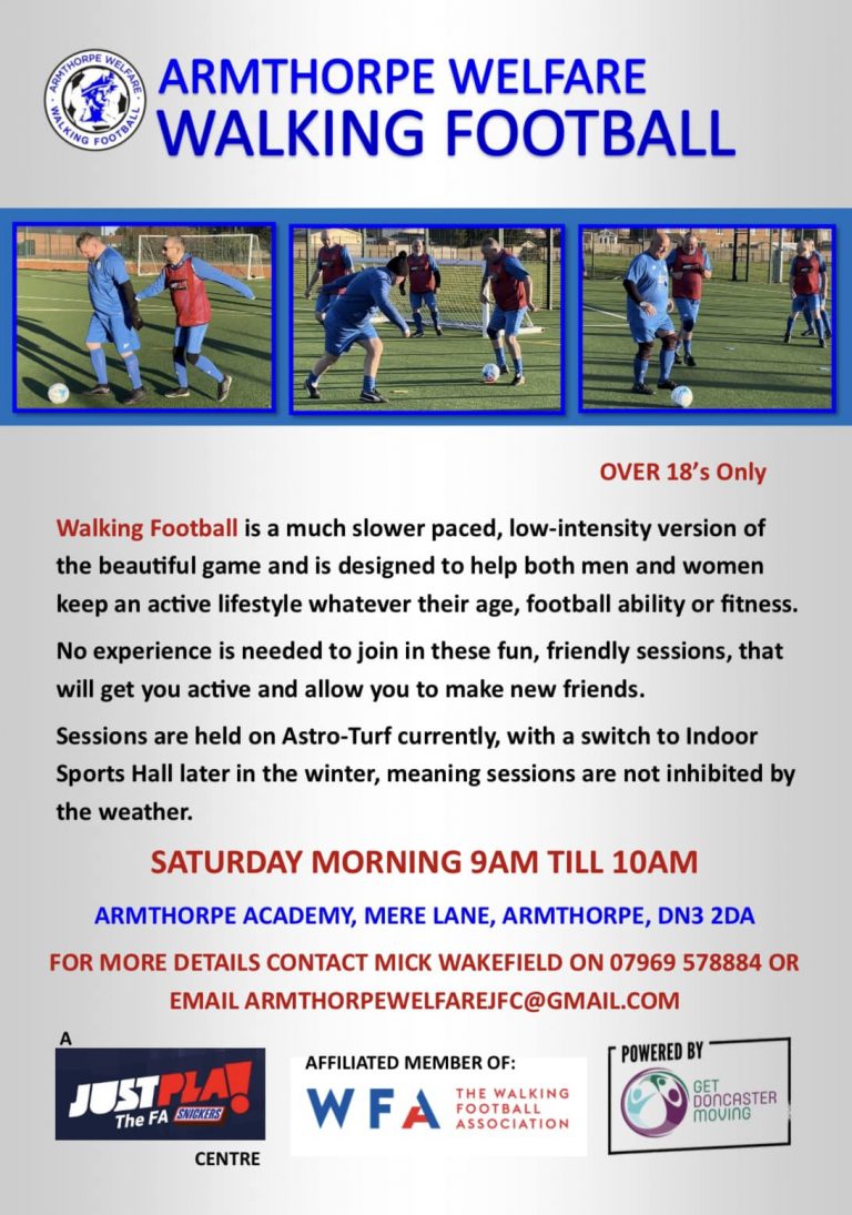 Armthorpe Welfare JFC Walking Football flyer 768x1095