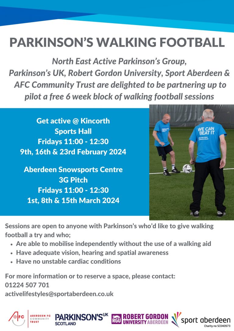FREE Parkinsons Walking Football in Aberdeen 9th 16th 23rd Feb Kincorth 1st 8th 15th March 2024 Aberdeen Snowsports Centre 1 768x1086
