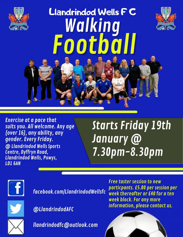 Walking Football returns to Llandrindod Wells FC Fridays 7.30 – 8.30pm for Over 16s 768x994