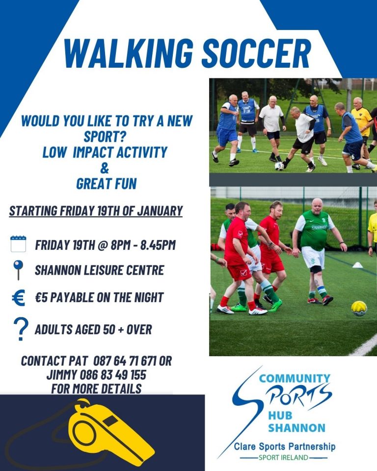 Walking Football with Clare Sports Partnership Fridays 8 8.45pm Shannon Community Sports Hub astroturf over 50s 1 768x960