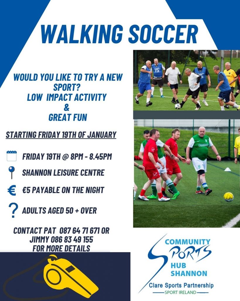 Walking soccer, a low-impact, fun activity, is taking place in Clare, with games happening at the Shannon Leisure Centre. Walking Football with Clare Sports Partnership Fridays 8-8.45pm Shannon Swimming & Leisure Centre astroturf for over 50s just €5 to attend.