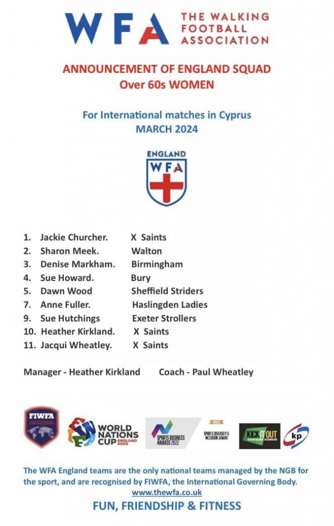 Announcement of WFA England Over 60s Womens Squad for International matches in Cyprus March 2024