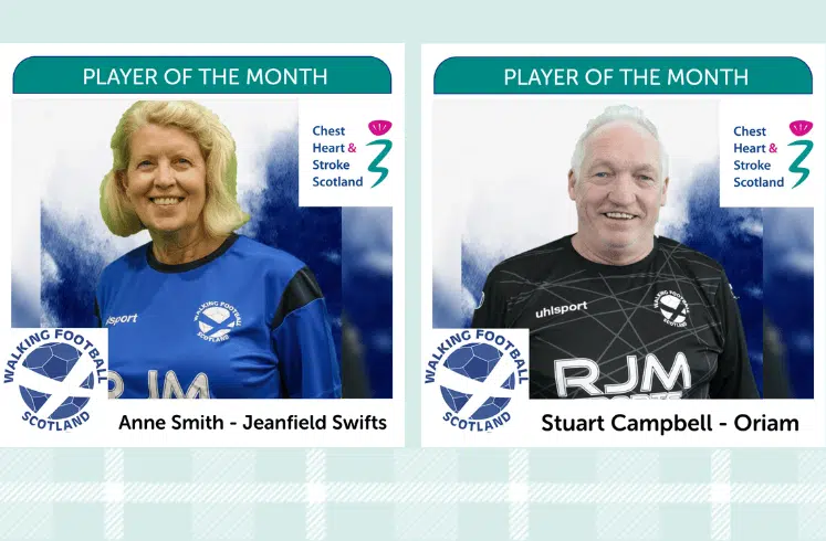 For February the Walking Football Scotland Women’s Player of the Month is Anne Smith! Anne, 64, plays with Jeanfield Swifts.
Walking Football Scotland Men’s Player of the Month is Stuart Campbell! Stuart, 68, plays with Oriam.
Congratulations Anne and Stuart! They shared their reflections on what Walking Football means to them.