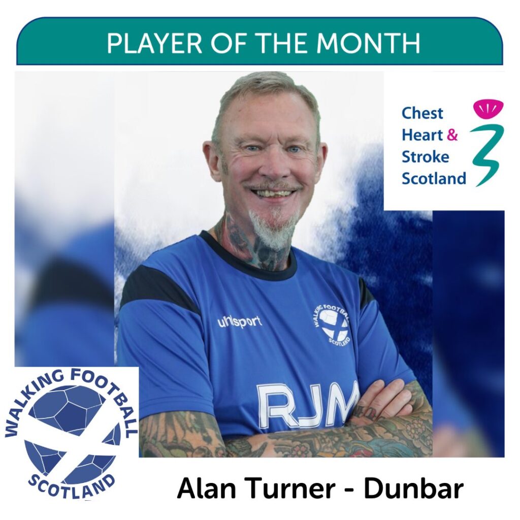 For March the Walking Football Scotland Men’s Player of the Month is Alan Turner! Alan, 67, plays with Dunbar.