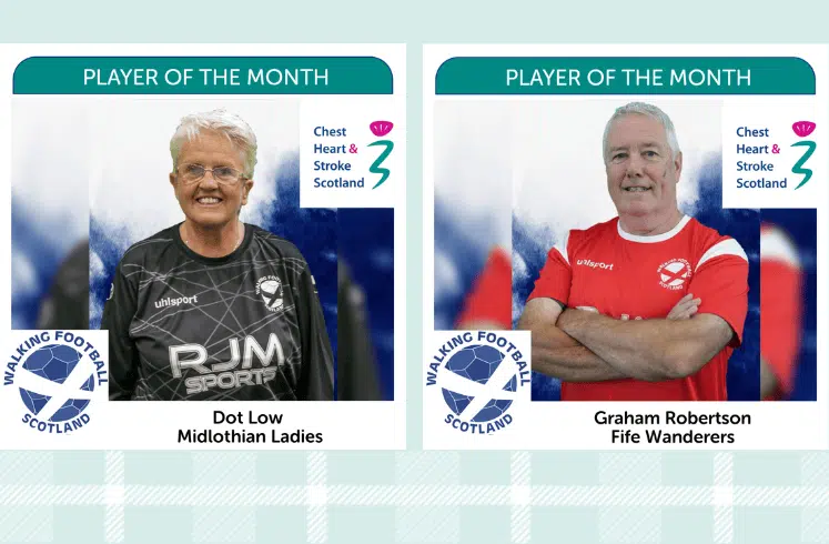 For April the Walking Football Scotland Women’s Player of the Month is Dot Low! Dot, 60, plays with Midlothian Ladies.
Walking Football Scotland Men’s Player of the Month is Graham Robertson! Graham, 67, plays with Fife Wanderers.
Congratulations Dot and Graham! They shared their reflections on what walking football means to them.