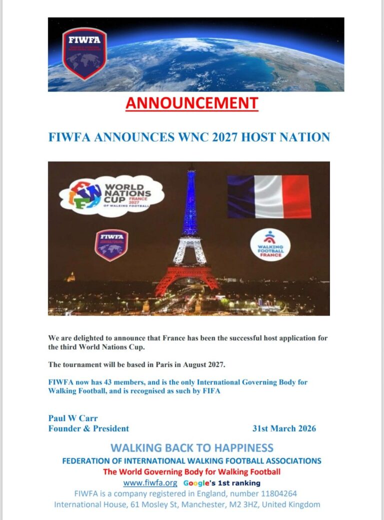 FIWFA Announces World Nations Cup 2027 Host Nation - Walking Football ...