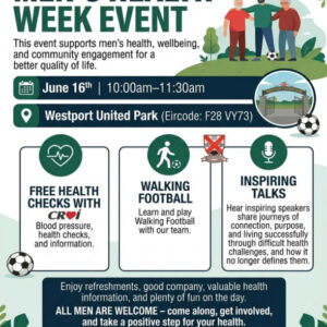 Attendees will hear from a series of guest speakers who will share personal experiences and motivational messages focused on resilience, wellbeing, community connection and overcoming challenges. Organisers hope these talks will encourage open conversations around health and wellbeing while helping to break down barriers that can prevent men from seeking support. Visitors will also have the opportunity to learn about Walking Football, a growing sport that offers a fun and accessible way for people of all ages and fitness levels to stay active. Participants will be able to find out more about the game and even get involved during the event.