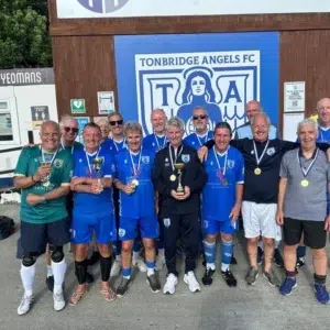 On Sunday 30 May, the Yeomans Community hosted its third annual Walking Football tournament. It was a very hot day but the Angels came home with two trophies making it three weekends on the trot they have added to the Club Trophy cabinet. The Over 50s tournament consisted of 13 teams from across the Southeast as far as Clacton and Farnham. It was a very competitive tournament despite the heat and a very tight finish in Group A where Chatham Town Ballers and Aylesford Amblers finished joint top. In Group B Boca Seniors from Farnham were clear winners but the competition for 2nd to 4th place was tight with Insulators from Paddock Wood just coming out on top.